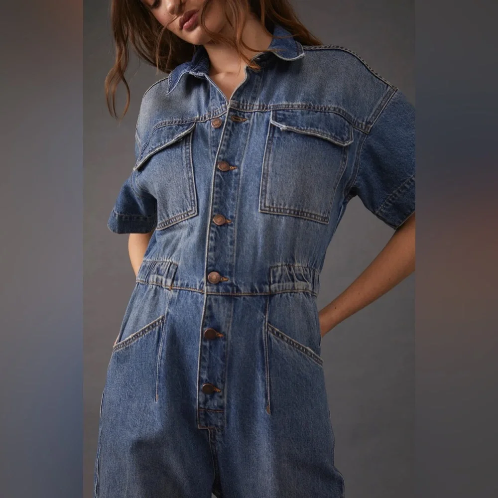 Free People We The Free Marci Denim Jumpsuit in High Noon Size Small - Picture 5 of 15